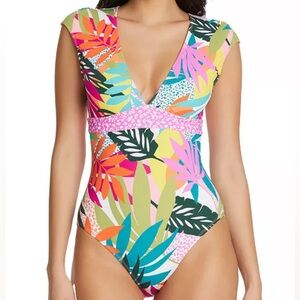 Bleu Rod Beattie Tropical Green and Pink One Piece Swimsuit 20W 20